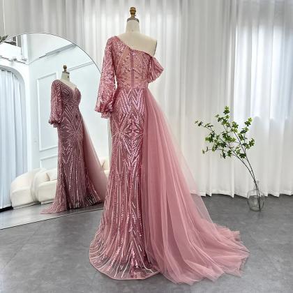 Elegant One Shoulder Mermaid Pink Evening Dress..