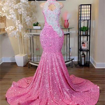 Charming Pink Sequins Prom Dresses Black Girls..