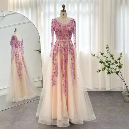 Saudi Arabic Long Sleeve Lilac Evening Dresses For..