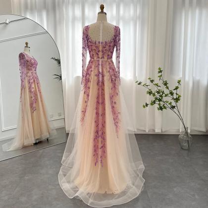 Saudi Arabic Long Sleeve Lilac Evening Dresses For..