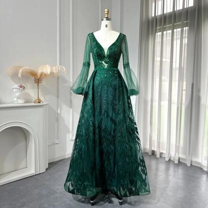 Emerald Green Luxury Crystal Evening Dress For..