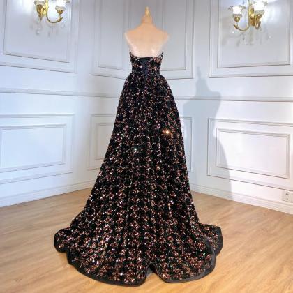 Black Gold Strapless Evening Dresses Sequin Luxury..