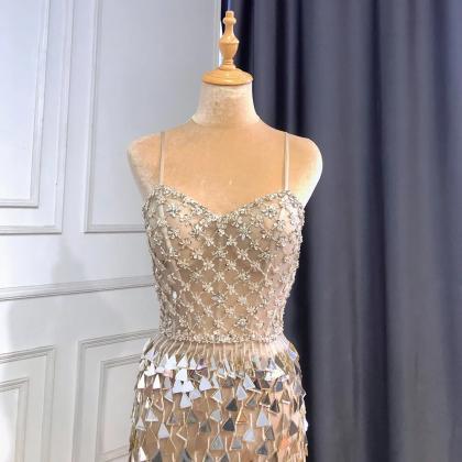 Silver Nude Spaghetti Strap Luxury Evening Dresses..