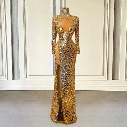 Shiny Sequin Gold Evening Dress Luxury Mermaid..