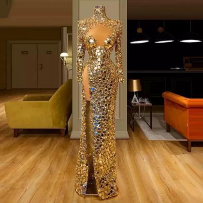 Shiny Sequin Gold Evening Dress Luxury Mermaid..