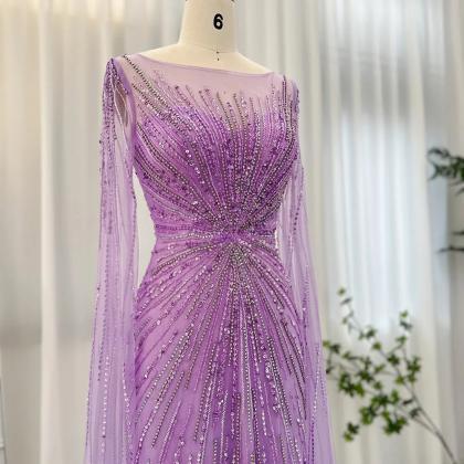 Luxury Dubai Lilac Feathers Evening Dresses With..