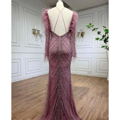 Pink Feathers Mermaid Elegant Long Evening Dresses..