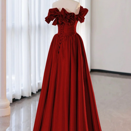 Burgundy Strapless Cut-Out Long Sleeves Floor Length Prom Dresses