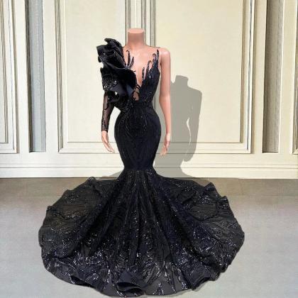 Black Sequin Long Mermaid Prom Dresses For Black..