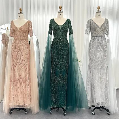 Luxury Emerald Green Evening Dresses With Cape..