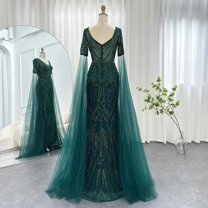 Luxury Emerald Green Evening Dresses With Cape..