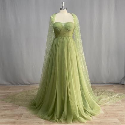 Sage Green Detachable Sequin Cape Tulle Prom Dress..