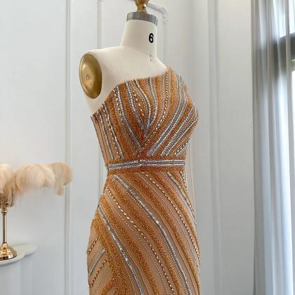 Luxury Dubai Gold Mermaid Beaded Evening Dress..
