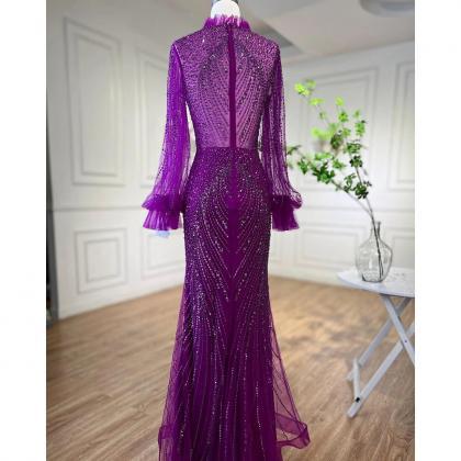 Purple Mermaid Elegant High Neck Evening Dresses..