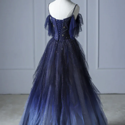 Blue To Silver Gradient Embroidered Tulle Dress