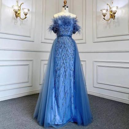 Luxury Beaded Blue Mermaid Elegant Overskirt..