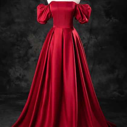 Burgundy Satin Long A Line Prom Dress, Off The..