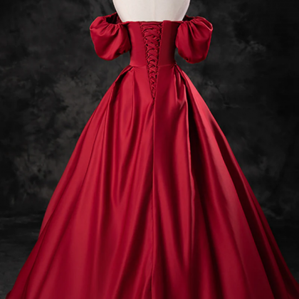 Vintage A line Off The Shoulder Burgundy Satin Evening Dress Prom Dress C1164 main image 0