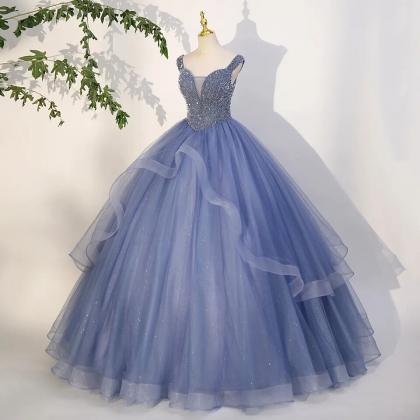 Luxury Gray Blue Ball Gown Formal Occasion..