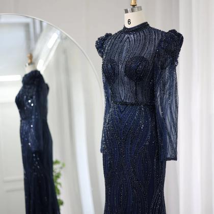 Elegant Mermaid Navy Blue Evening Dress For Women..