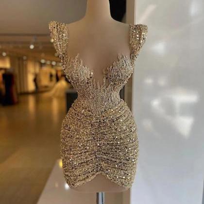 Sexy Mini Gold Cocktail Dresses Sequined Applique..