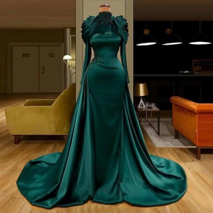 Emerald Green Muslim Long Sleeves Evening Dresses..