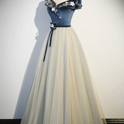 Blue Beaded Off-the-Shoulder Empire Waist A-Line Prom Dress Y6273 main image 1