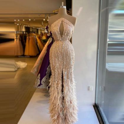 Luxury Beaded Ball Dress Strapless Feather..