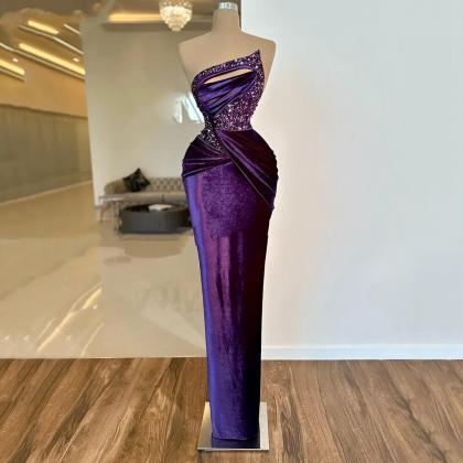 Luxury Purple Velvet Prom Dress Beaded Velour..