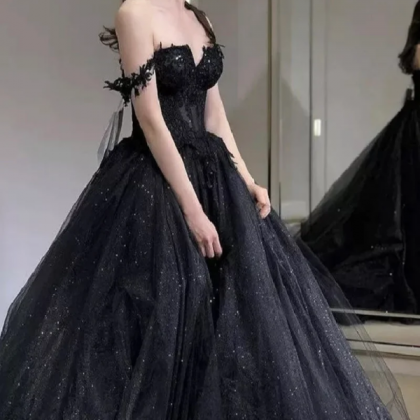 Black Off The Shoulder Tulle Lace Princess Dress,..