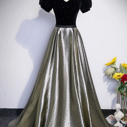 Black Velvet And Shiny Satin Long Prom Dress,..