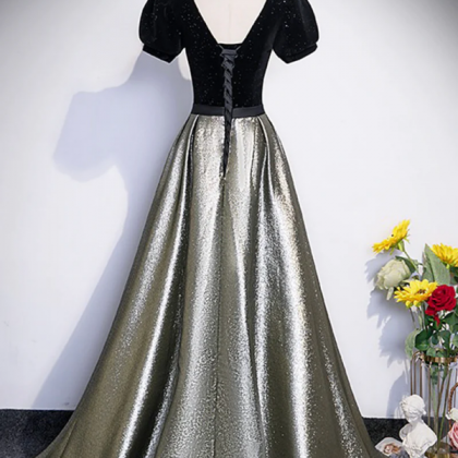 Black Velvet And Shiny Satin Long Prom Dress,..
