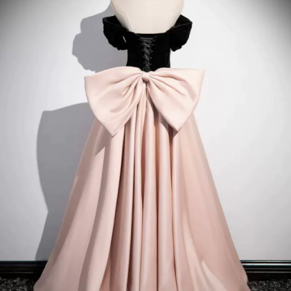 Black Velvet And Pink Satin Long Prom Dress,..