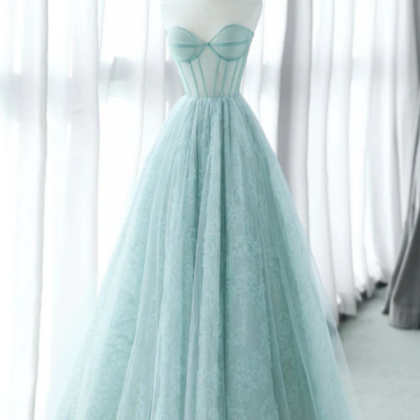 A Line Sweetheart Neck Tulle Lace Blue Long Prom..