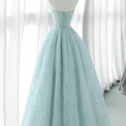 A Line Sweetheart Neck Tulle Lace Blue Long Prom..