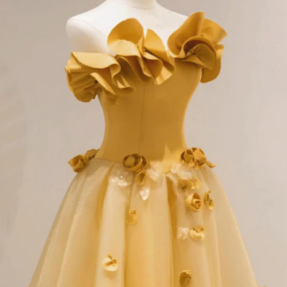 Strapless Yellow Floral Long Prom Dresses,..