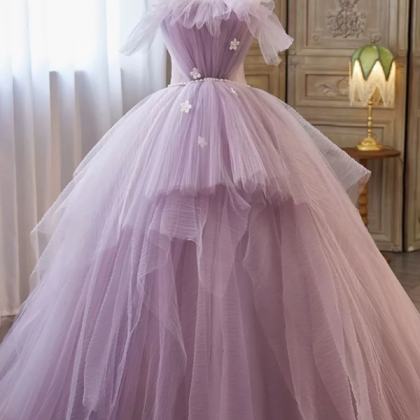 Lilac Strapless Tulle Long Prom Dresses With..