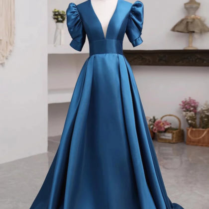 Short Sleeves Peacock Blue Long Prom Dresses,..