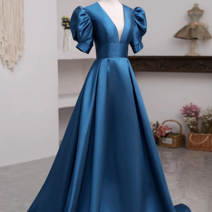 Short Sleeves Peacock Blue Long Prom Dresses,..