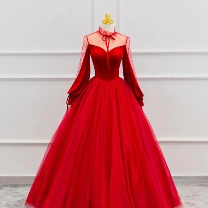 Red Velvet And Tulle Floor Length Prom Dress, Long..