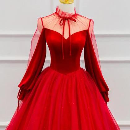 Red Velvet And Tulle Floor Length Prom Dress, Long..