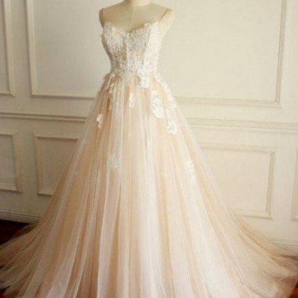 Champagne Tulle Straps Long Party Dress, A Line..