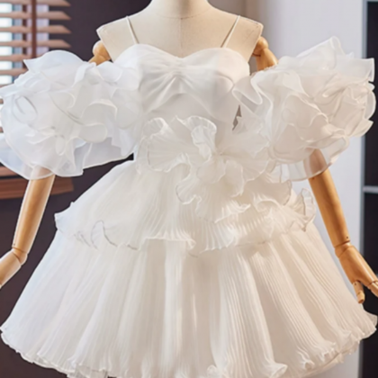 White Sweetheart Neck Organza Short Prom Dress,..