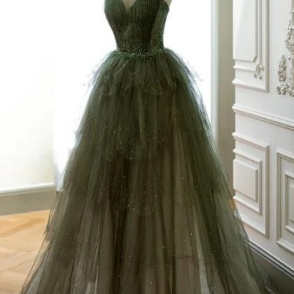 Green Tulle Beaded Layers Long Straps Prom Dress, Green Tulle Evening Dress