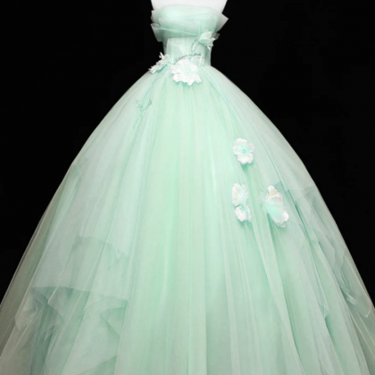Green Tulle Lace Applique Long Prom Dresses, Green..