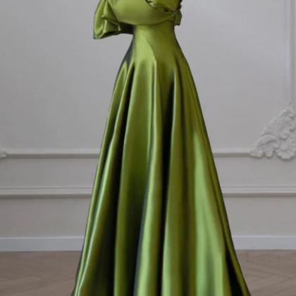 One Shoulder Green Satin Long Party Dress, Off..