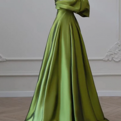 One Shoulder Green Satin Long Party Dress, Off..