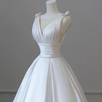 A Line V Neck Satin Wedding Dress, White Satin..