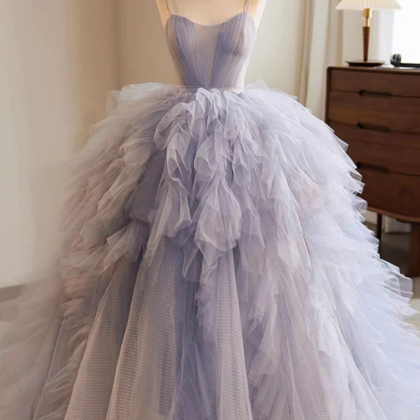 Blue Tulle Long Prom Gown, Blue Tulle Long Sweet..