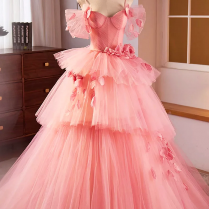Pink Spaghetti Strap Tulle Long Prom Dress,..